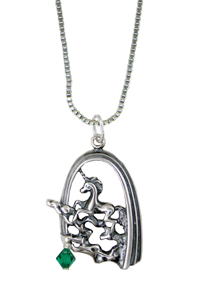 Sterling Silver Unicorn of Dreams Pendant With Green Crystal